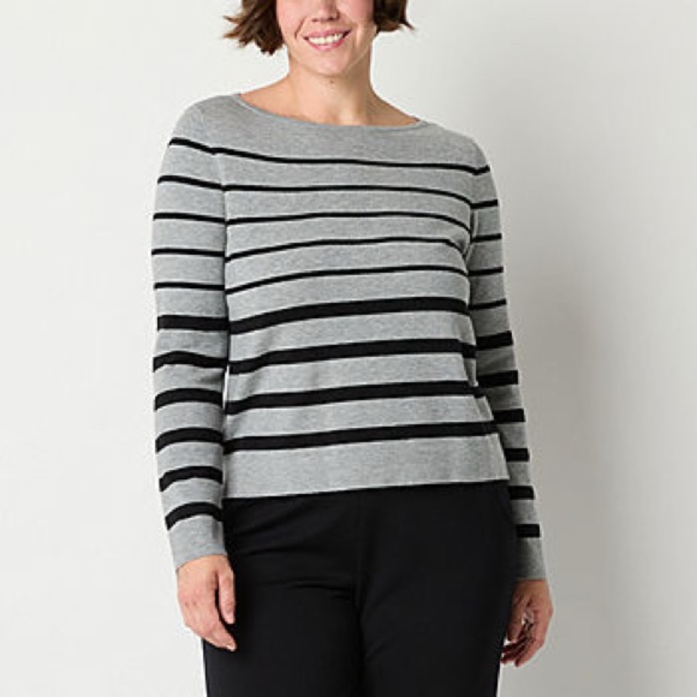 Liz Claiborne Women’s Petite Small Black And Gray Striped Long Sleeve Shirt